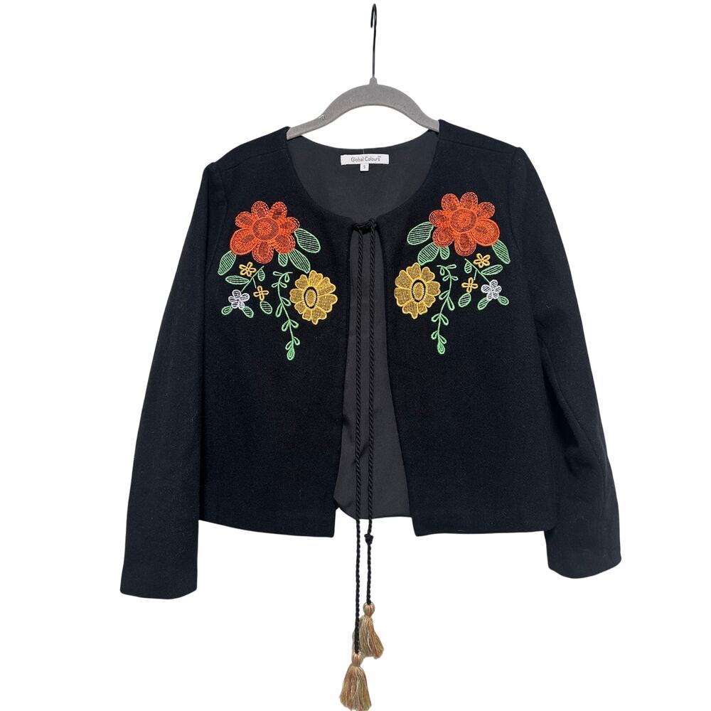 Global Colours Women's Black Embroidered Wool Blend Tie Front Jacket S - Picture 2 of 9